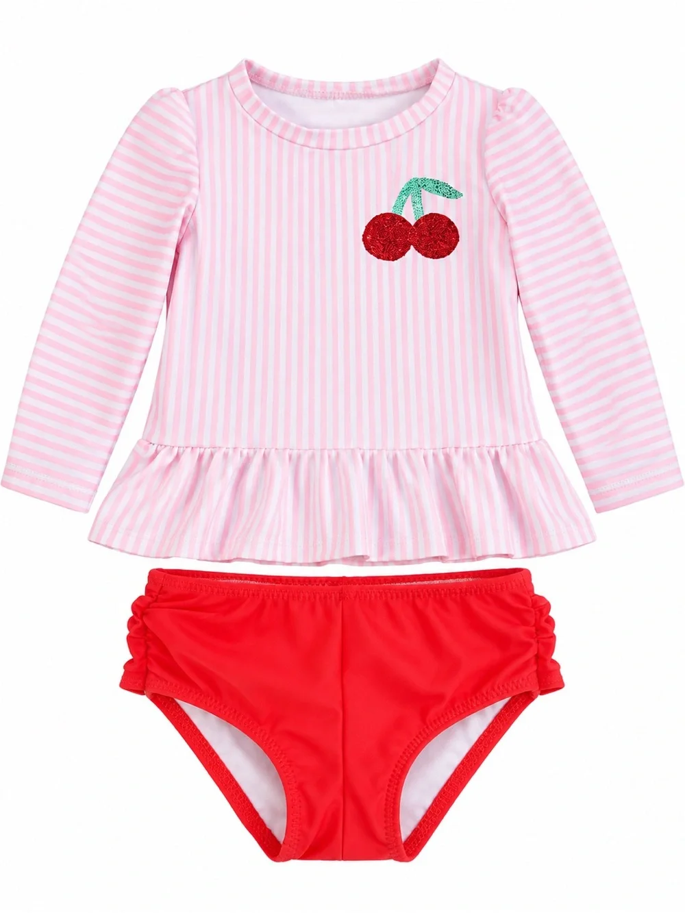 Cat & Jack Pink Stripe Long-Sleeve Rashguard Set with Red Swim Bottoms